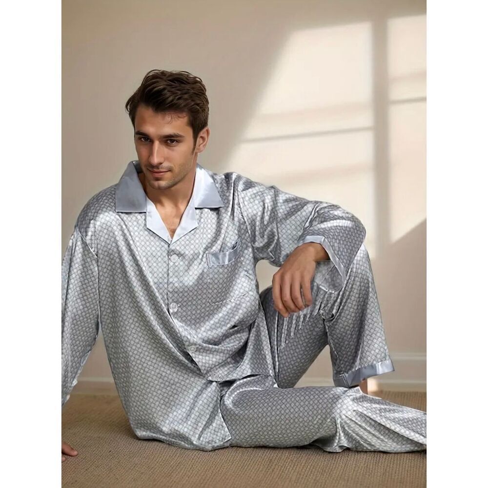 NWT Dreams M Men’s Silky Silver Satin Pants & Long sleeve top Shirt Pajama Set